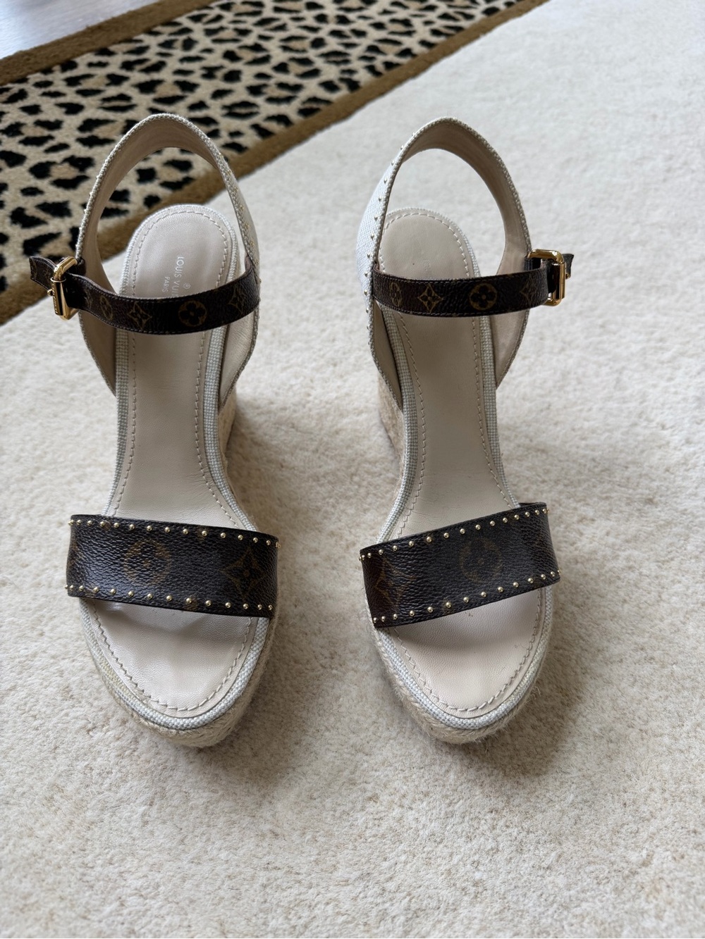 Louis Vuitton Brown Monogram and Cream Espadrille Wedge Sandals - Picture 4 of 5